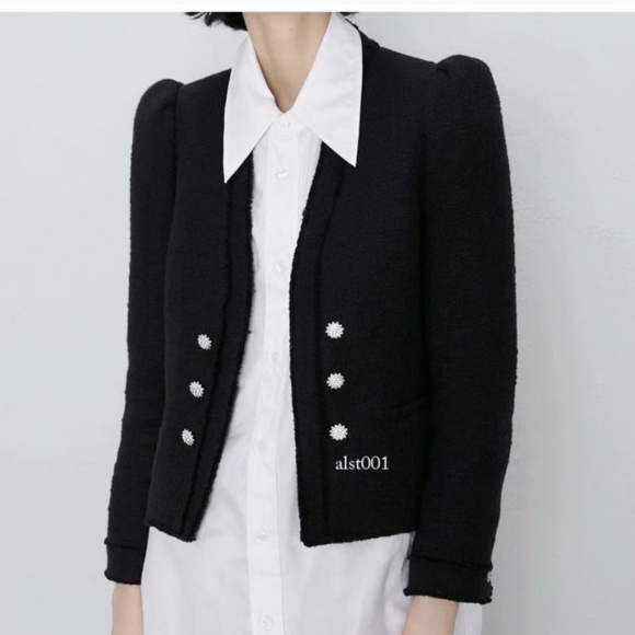 Rare Zara Black Textured Double-Breasted Blazer, with Diamanté Buttons - Sz XL - Picture 1 of 8